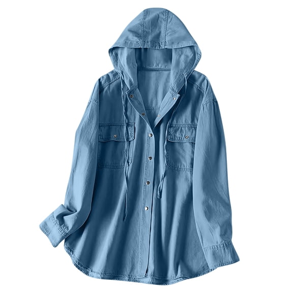 hoksml Women's Denim Shacket with Hood, Long Sleeve Button Down Oversized Top, Relaxed Fit Utility Jacket with Pockets for Daily Casual Outfit