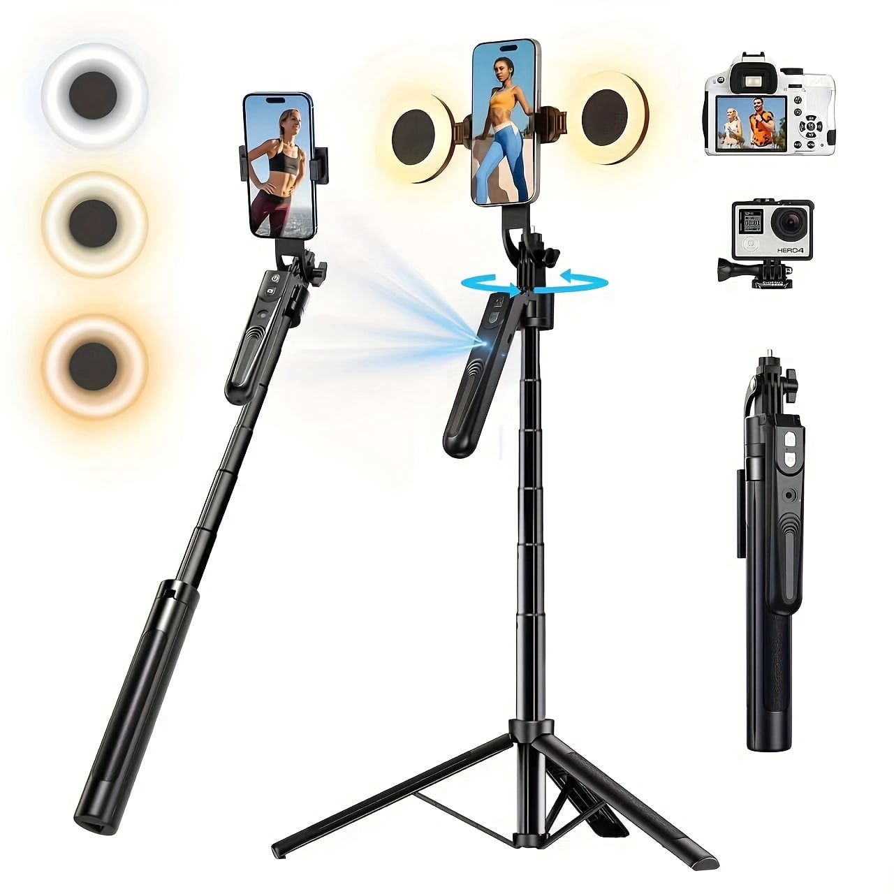 Auto Face Tracking Tripod 360° Rotation with Light, No App, 70.9" Motion Sensor Phone Tripod Stand, Face Body Phone Camera Mount Gesture Control for Vlog/Live Stream/Video Recording