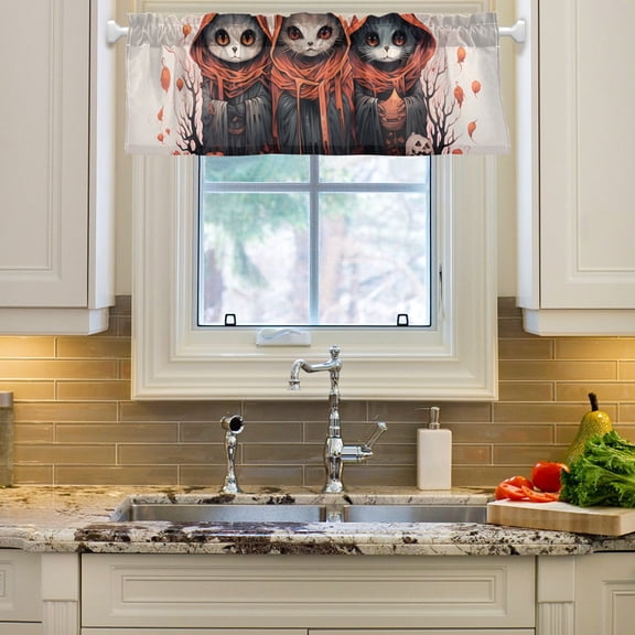 Cats Halloween Pumpkin Curtain Valances Farmhouse Design Window Treatment Decor Blackout Rod Pocket for Windows Living Room Kitchen 54" x 18"