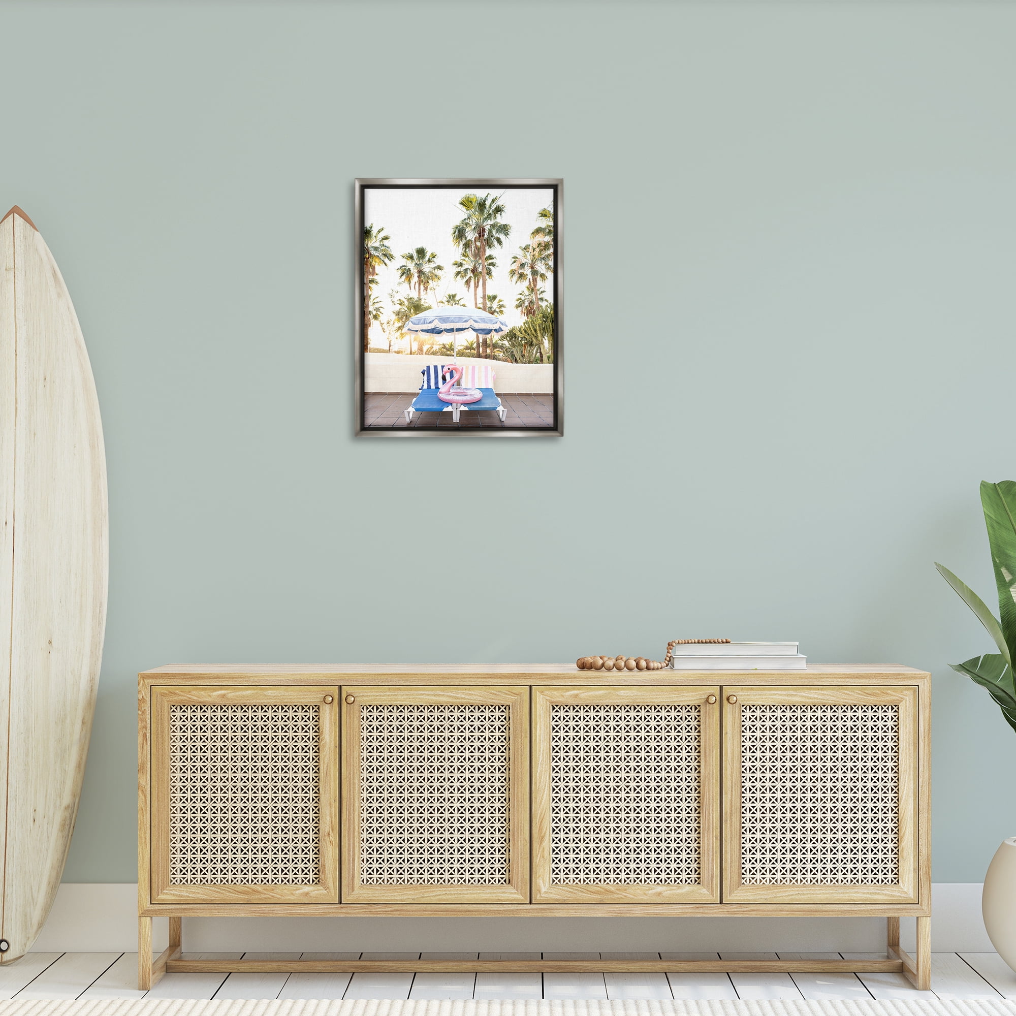 Stupell Industries Poolside Flamingo Float Landscape & Nature Photography Gray Floater Framed Canvas Art Print Wall Art, 25 x 31
