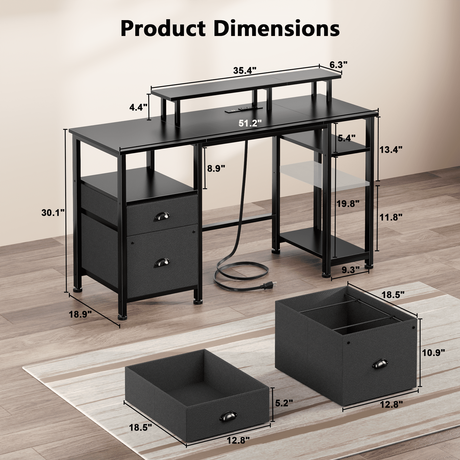Satifur 51" Reversible 2-Tier Computer Desk with Power Outlet, LED Lights, File Cabinet & Storage Shelves,Black
