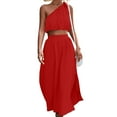 thumbnail image 3 of QLEICOM Women's 2 Piece Outfits Tie Knot One Shoulder Tank Top High Waist Side Split Maxi Skirt Red XL, US Size 10, 3 of 7