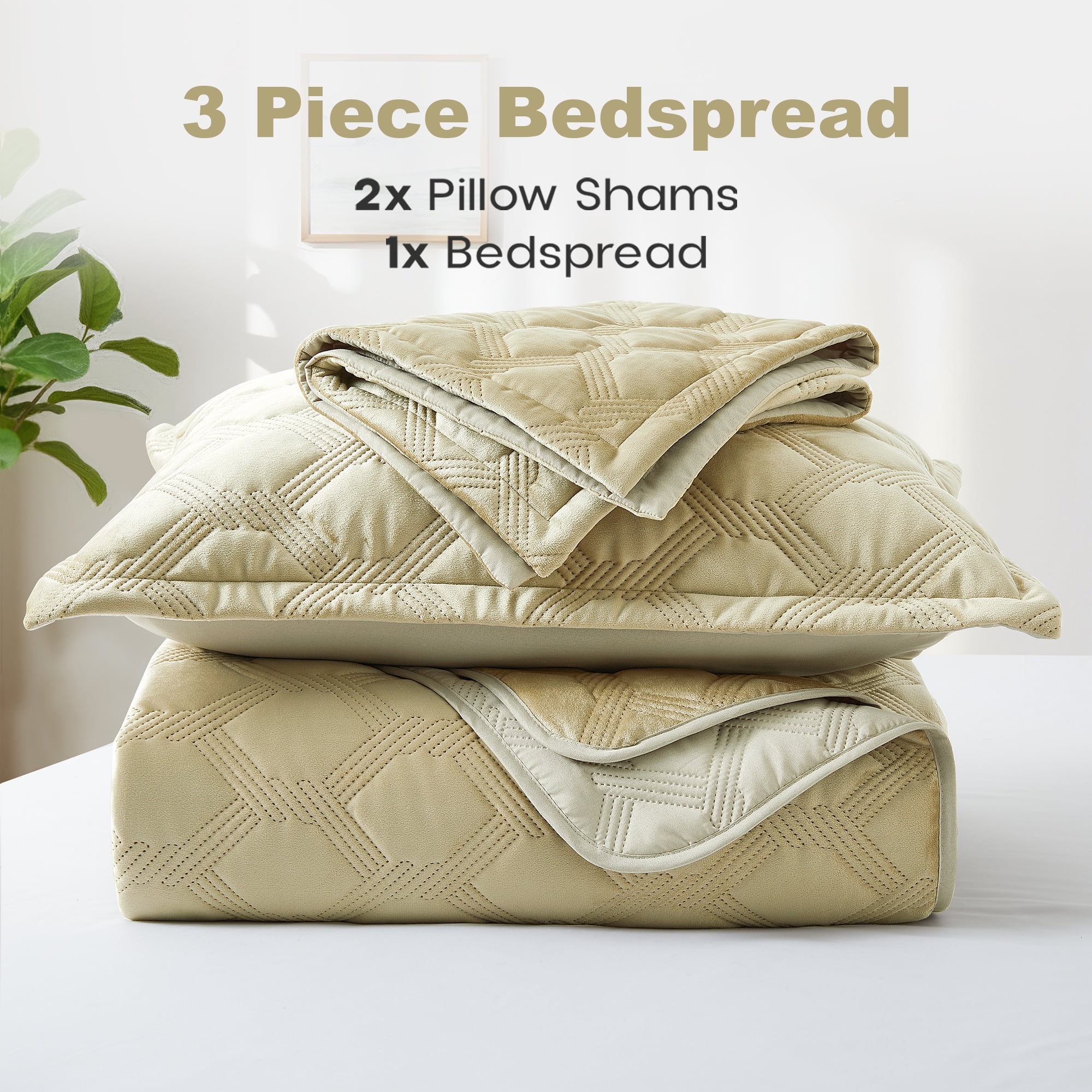 IR Imperial Rooms Velvet Quilt Set 3 Piece Geometric Ultrasonic Embossed Bedspread Reversible 350GSM Soft Brushed Microfiber Beige Full/Queen