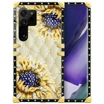FKBRCL4U Compatible with Samsung Galaxy S23 Ultra Case, Sunflower Diamonds Leather Luxury Golden Decoration for Girl Women Soft TPU Shockproof Protective Hard PC Back