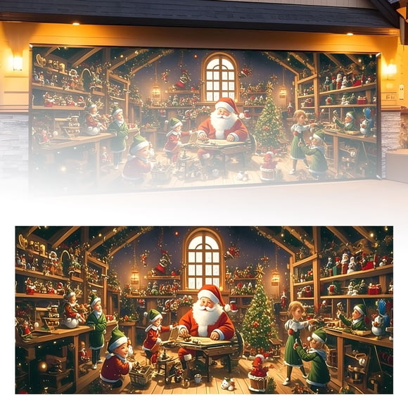 The Merry Party Santa Photography Garage Door Background 7x16 Ft Polyester Fabric Durable Long Lasting Versatile Easy Installation for Parties Photo Shoots Festive Winter Events
