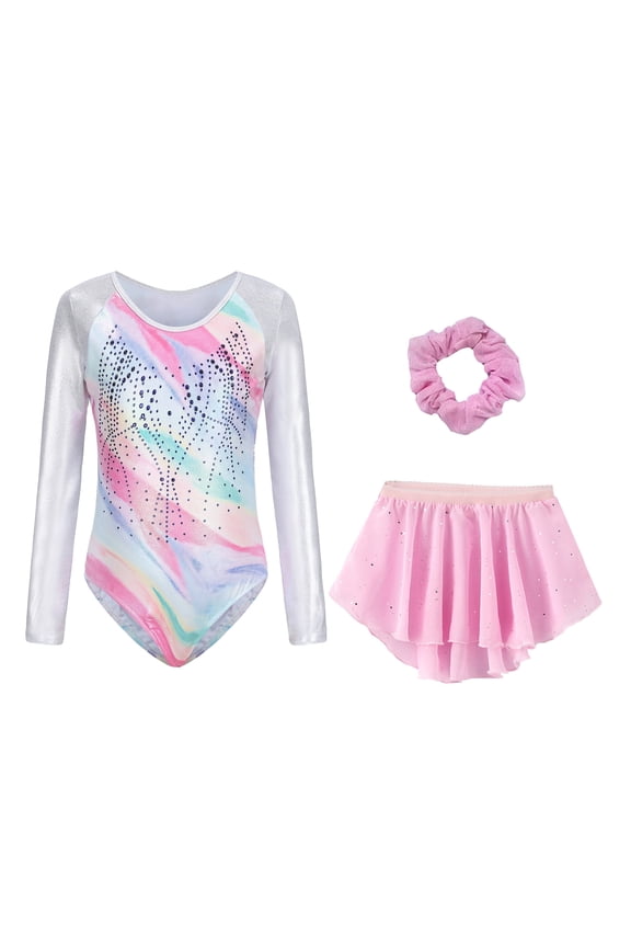 Girls' Gymnastics Leotards 3 Piece Kid Long Sleeve Dance Unitards Ballet Outfit Activewear Bodysuit with Skirt Hairband 11-12 Years Pink