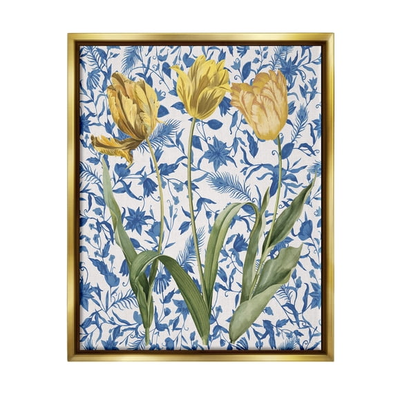 Stupell Industries Three Tulips on Toile Botanical & Floral Painting Gold Floater Framed Canvas Art Print Wall Art, 17 x 21