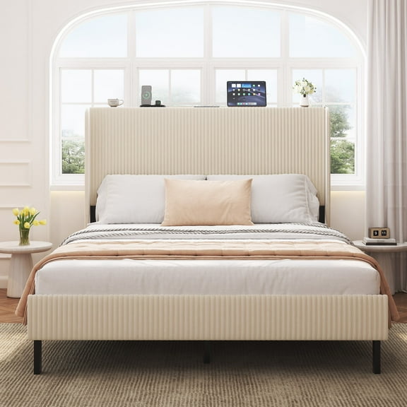 SESSLIFE Queen Platform Bed Frame with Charging Station, Beige Upholstered Bed Frame with Top Shelf Headboard, Metal Slats Hold up to 800lbs, Noise-Free, No Box Spring Needed, Easy Assembly