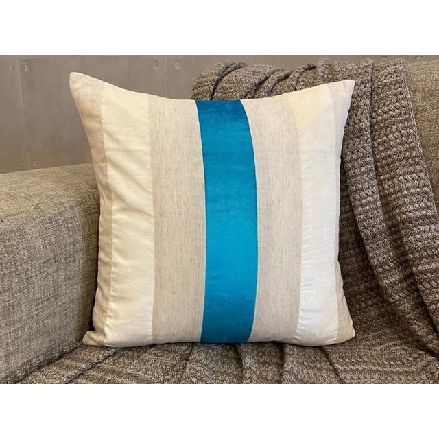 Fundas decorativas azules de 30 x 30 cm (12 x 12 pulgadas), cojines de patchwork de terciopelo y lino para sofá, diseño de rayas moderno - Banda de terciopelo turquesa