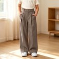 thumbnail image 2 of hotojiny Girls Dress Pants Wide Leg Uniform Pants for Kids Trendy High Waist Pleated Front Formal Pants with Pockets(Brown,8-9 Years), 2 of 6