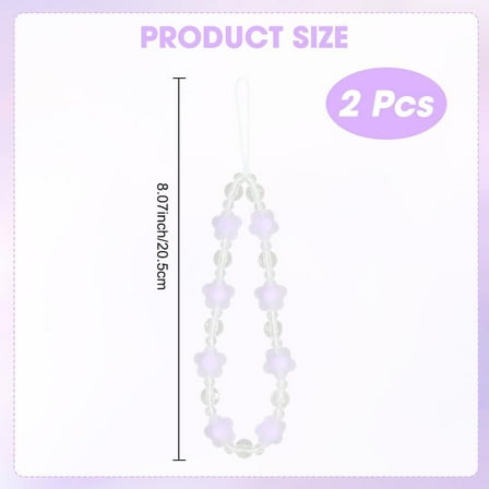 2pcs Plastic Beaded Mobile Phone Lanyard Wrist Strap Flower Charm Phone Anti-Lost Chain for Women Medium Purple 20cm