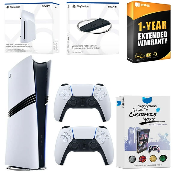 Sony PlayStation 5 Pro Digital Bundle with Disc Drive, Extra Controller, Vertical Stand, MightySkins Voucher and 1 Year Extended Warranty - Glacier White