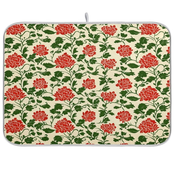 qxltty Vintage Red Floral Pattern Kitchen Drying Mat Extremely Absorbent Microfiber Dish Mats for Plates Cutlery Pots and Pans 16×18in