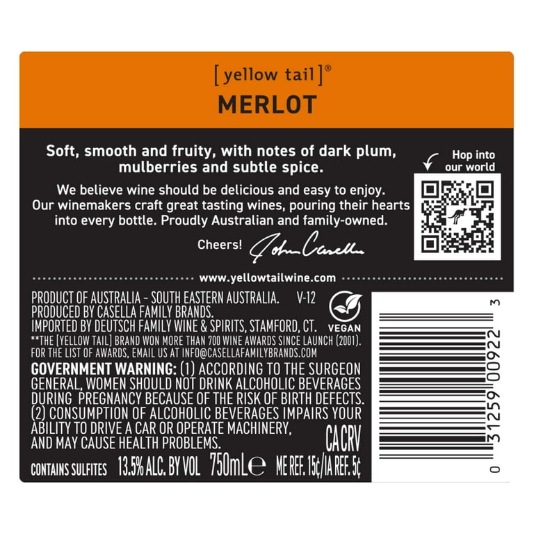 Yellow Tail Merlot Australia Red Wine, 750 mL Bottle, 13.50% ABV