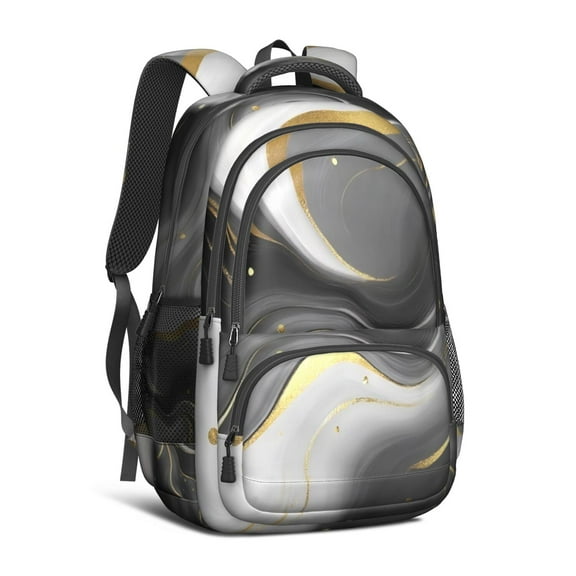 Black White and Gold Marble Backpack for School,Cute School Bag,Schoolbag with Adjustable Shoulder Straps & Padded Back,16.9 Inch
