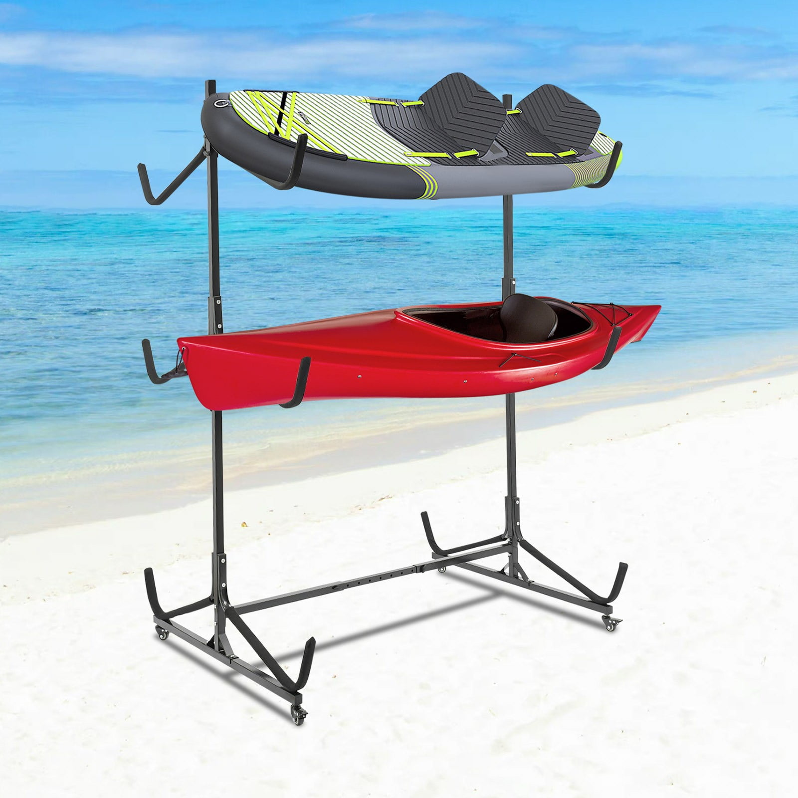ToppiJoy Adjustable Kayak Storage Rack, Freestanding Kayak Stand with Lockable Wheels, Heavy Duty Metal Stand for Canoe Boat Paddle Board SUP Surfboard Black(3 Tiers)