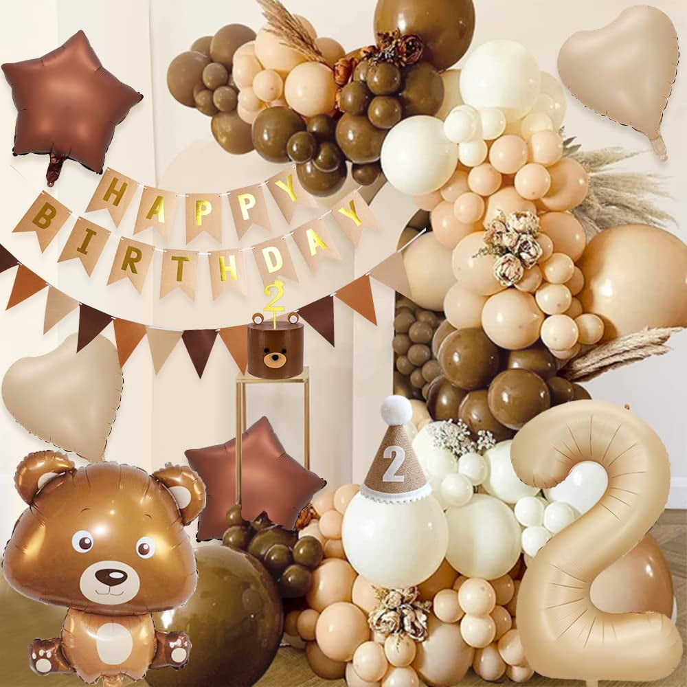 YANSION 2nd Birthday Decorations, Boho Birthday Decoration, Bear Theme Party Decoration with Giant Bear Foil Balloon,  Number 2 Balloon, Beige Coffee Balloon for Boys Girls Baby 2 Year Old Birthday