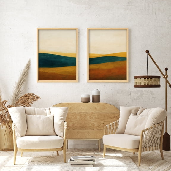 Framed Print Wall Art Set of 2 - Abstract Mountain Landscape Poster Art - 2 Pieces Modern Farmhouse Wall Decor for Living Room - 12"x16"x2 Natural