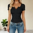 thumbnail image 4 of DPTALR Women's Spring/Summer Casual Fashion Ruffle Button V-Neck Fitted Short Sleeve Top,Black,Size M, 4 of 5