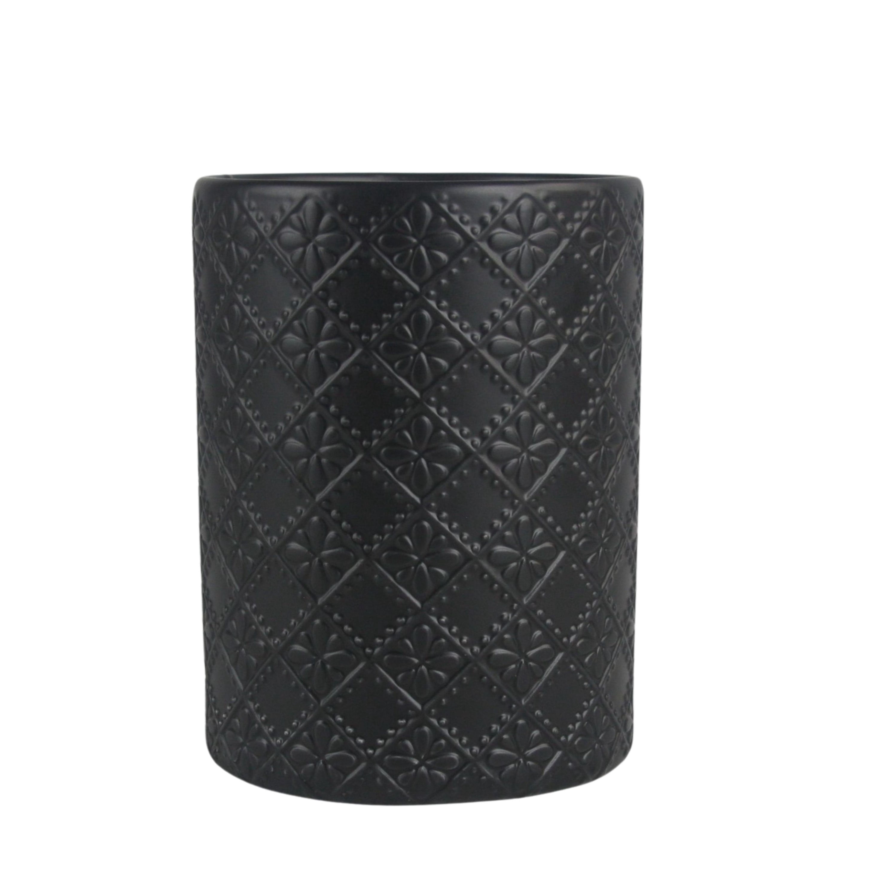 10 Strawberry Street Mesa Matte Black Embossed Utensil Crock with Oil/Vinegar Bottle Set