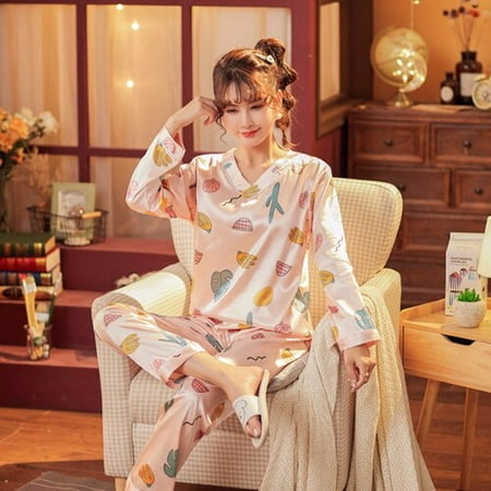 

DanceeMangoo Pajamas for Women Autumn New Womens Silk Long Sleeve Loose Print Christmas Women Sleepwear Set Long Pants Home Clothes