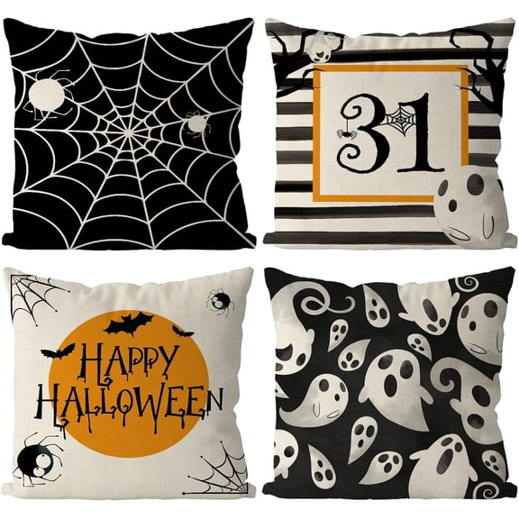 Halloween Pillow Covers 18x18 Inch Set of 4 Spider Web Ghost Pillowcase Black Stripe Holiday Farmhouse Throw Pillows Indoor Outdoor Couch Cushion Case for Home Sofa Decor