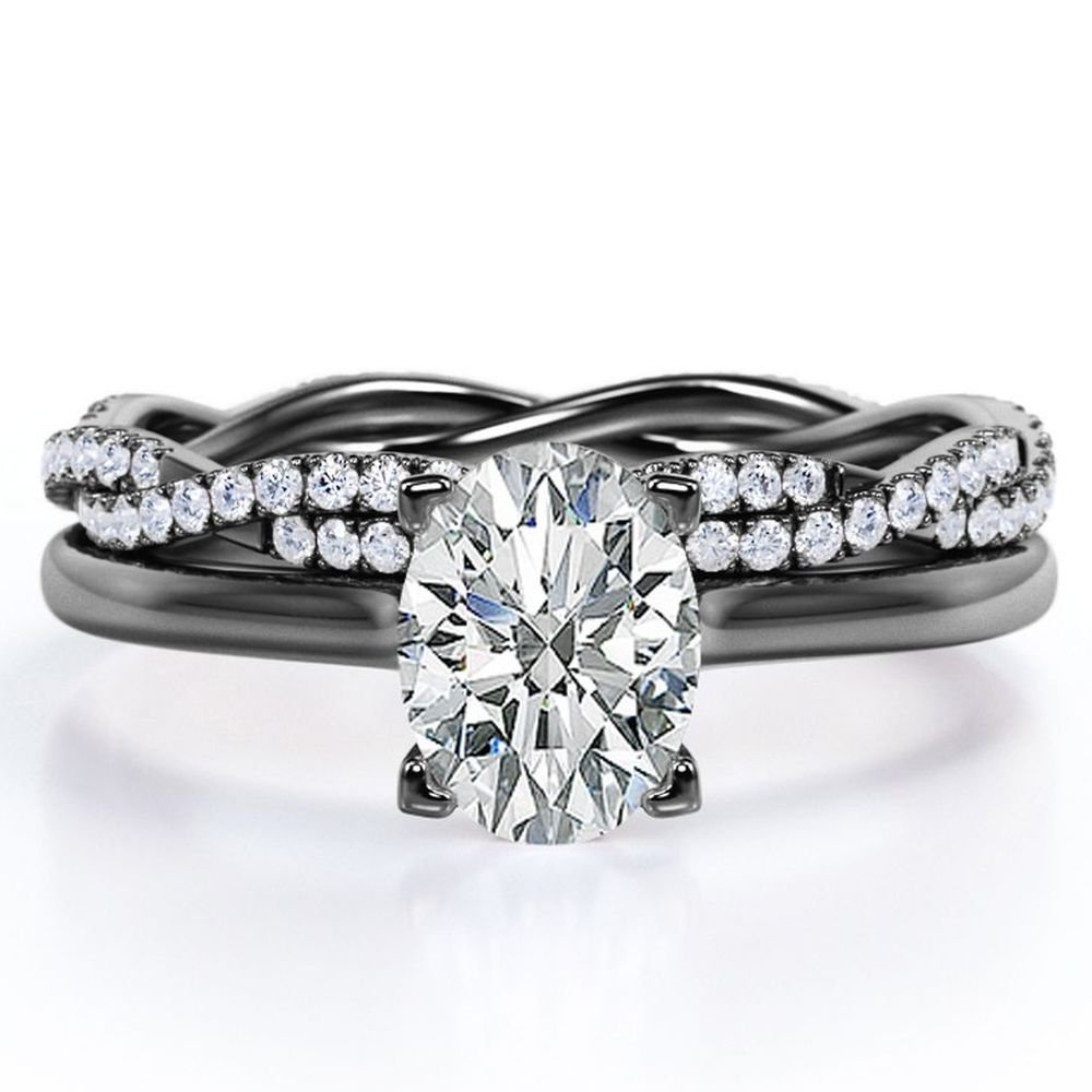 JeenMata 4 Prong Set - 1.25 Carat Oval Shape - Pave Twisted Shank Wedding Set - 18K Black Gold Plating over Silver (CUSTOMIZE YOUR WEDDING RING BAND)