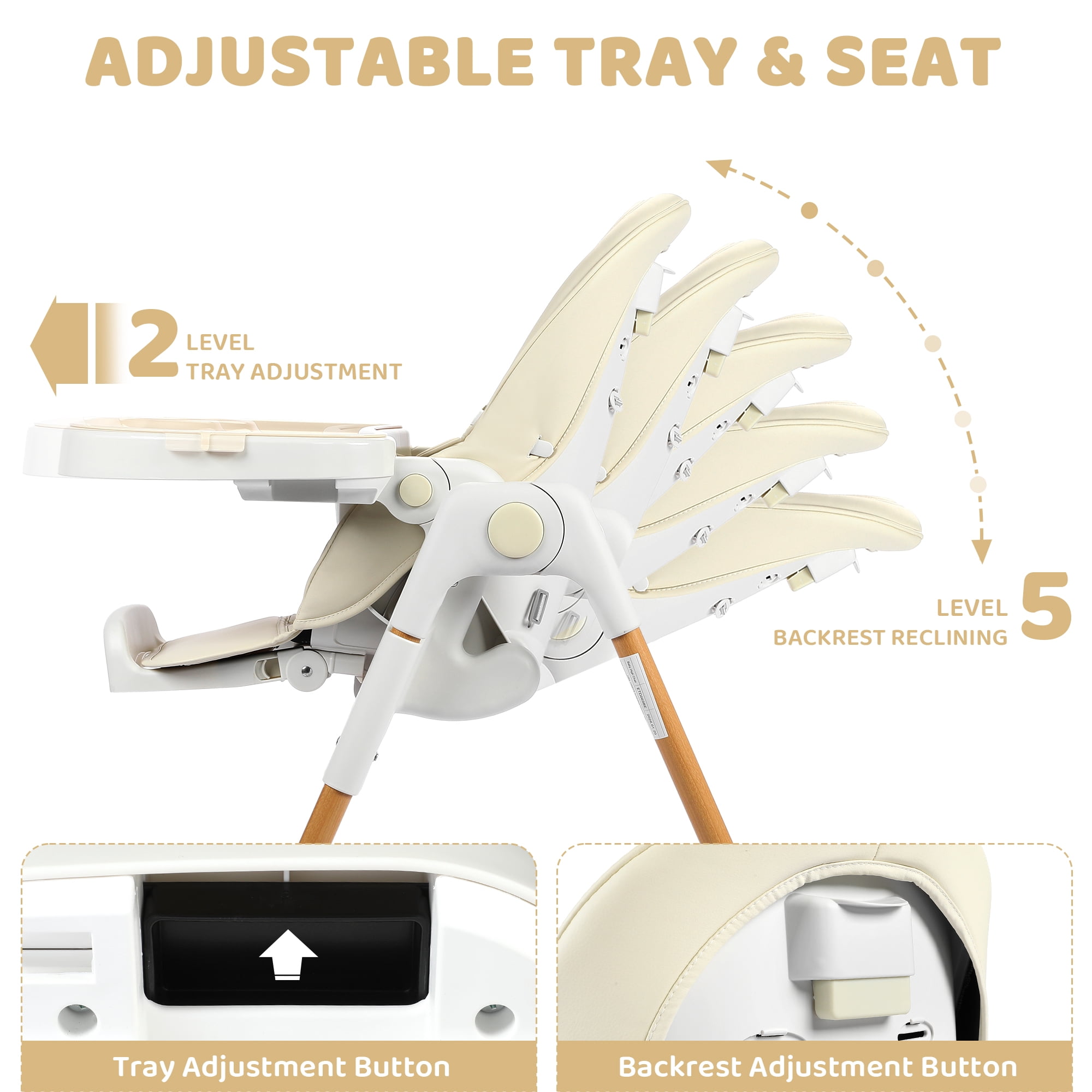 AILEEKISS Foldable High Chair for Baby, Toddler Eating Chair with Detachable Double Trays, Natural Beige