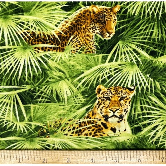 1 Fat Quarter - Leopard Big Cat Jungle Green Cotton Fabric - 21" X 18"