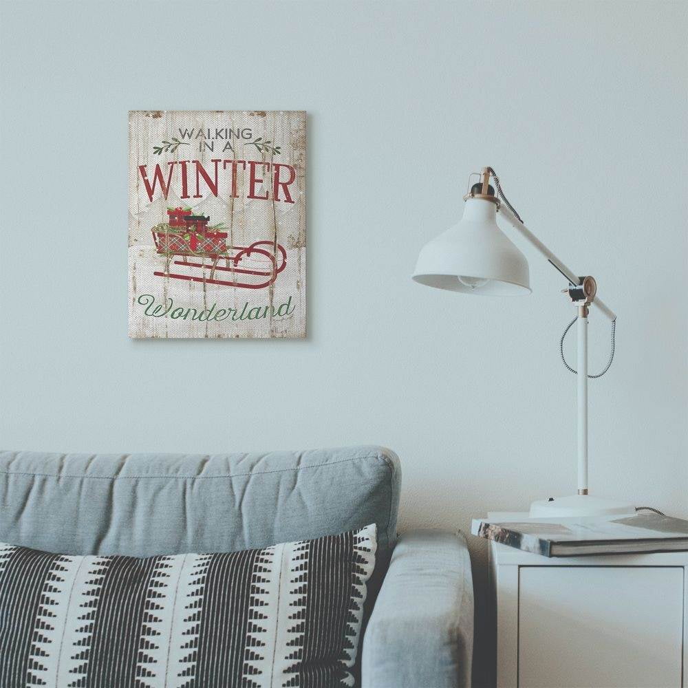 Stupell Industries Winter Wonderland Red Sleigh Wood Texture Christmas Word DesignCanvas Wall Art By Artist Jennifer Pugh
