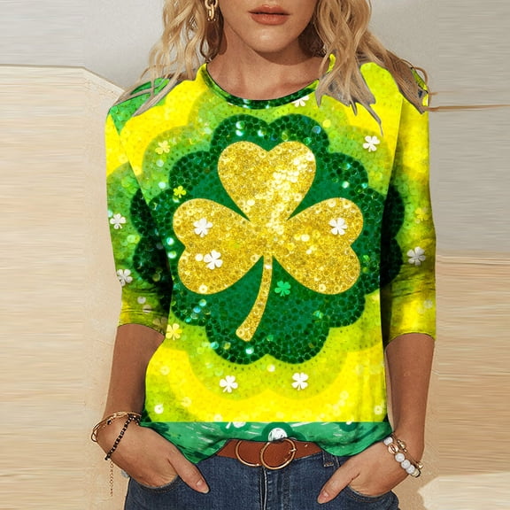 Xdegoge Saint Patricks Day Outfit Women 3/4 Sleeve Tie-Dye Shamrock T-Shirt with Silver Clover Center, Green & Blue Gradient, Funny St. Patrick's Shirts