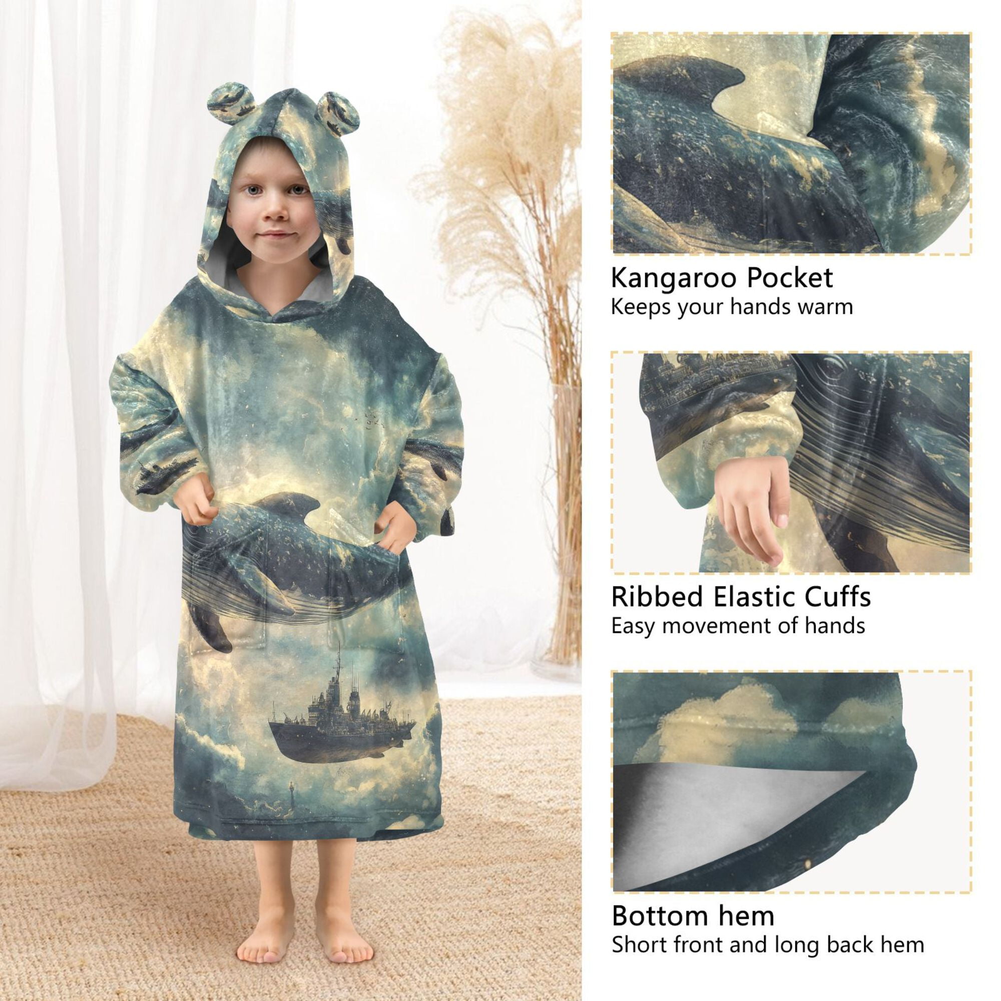 FORMRS Wearable Blanket Hoodie with Sleeves for Kids Cozy Flannel Sweatshirt, Beige Floating Whale