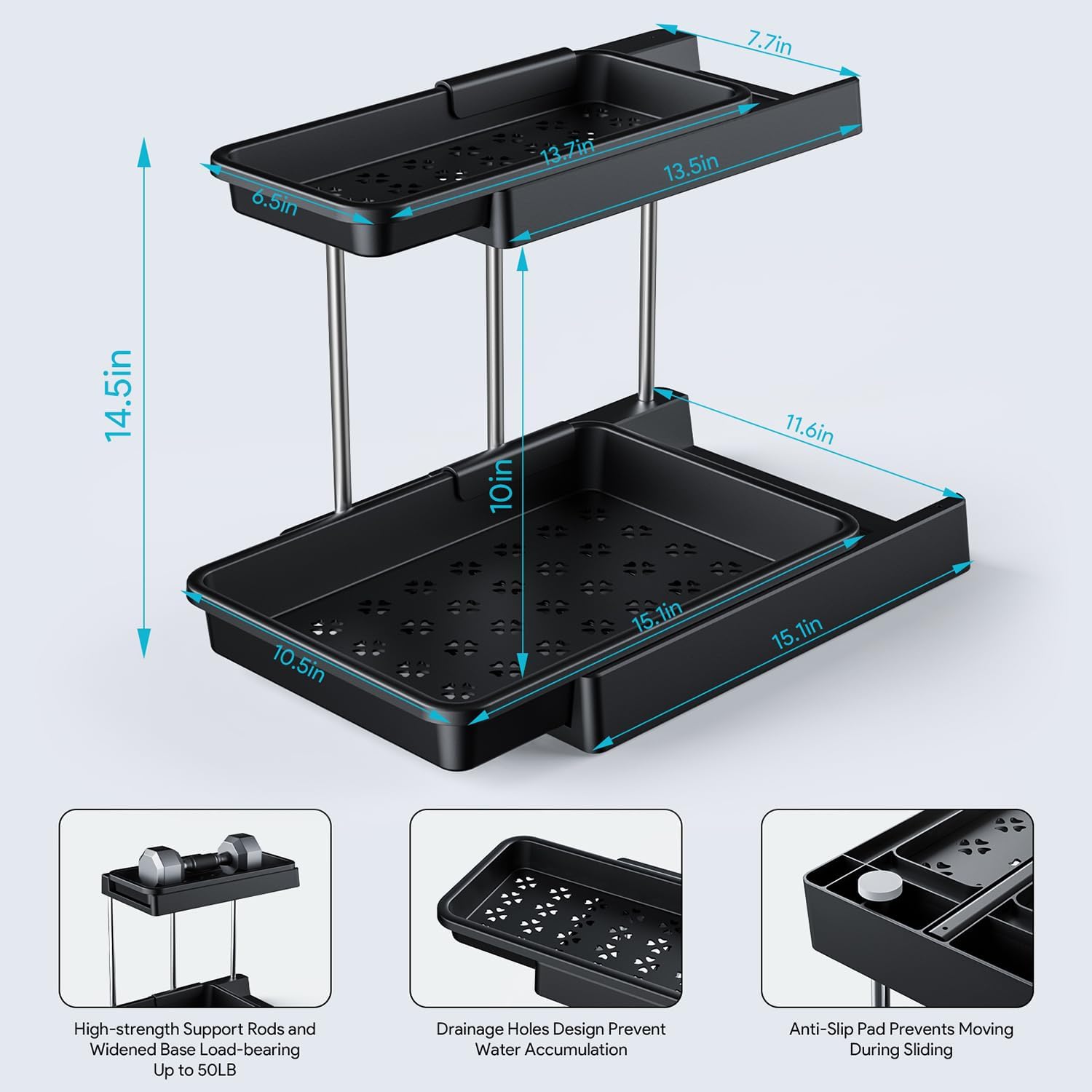 2-Tier Under Sink Organizers and Storage, Sliding L-shape Under Bathroom Kitchen Cabinet Organizers Narrow Space Sink Organizer