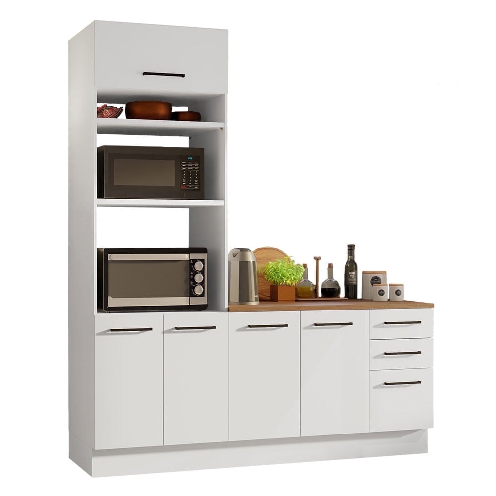 Madesa Hazel 2-Piece Kitchen Storage Set with 3 Door Pantry Cabinet and 3 Drawers Base Cabinet Adjustable Feet 74 Inch Wooden Modern Organization Units - White