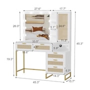 Ataucjin Makeup Vanity with Lighted Mirror, Vanity Mirror with Lights and Table & Power Outlet, Vanity Desk with Power Strip, Adjustable Lighting, 5 Drawers, for Bedroom, Dressing Room, White & Gold