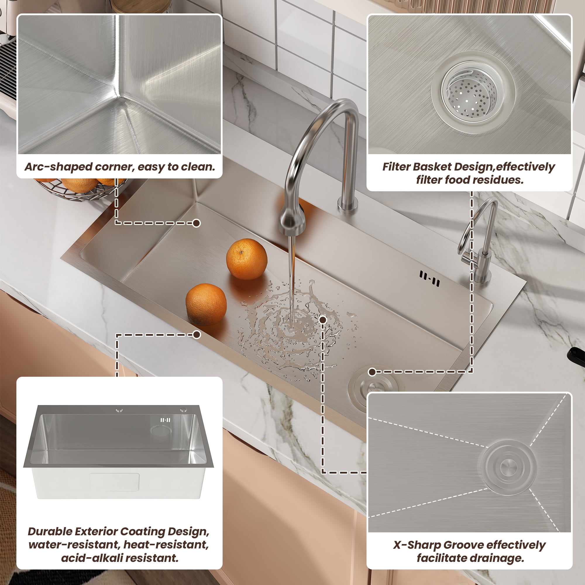 Vmopu30 in.Undermount Kitchen Sink Single Bowl 18-Gauge Stainless Steel Kitchen Sink with Accessories, Undermount Sink, Stainless Steel Top Mount Single Bowl for RV, Prep Kitchen & Bar, Drain