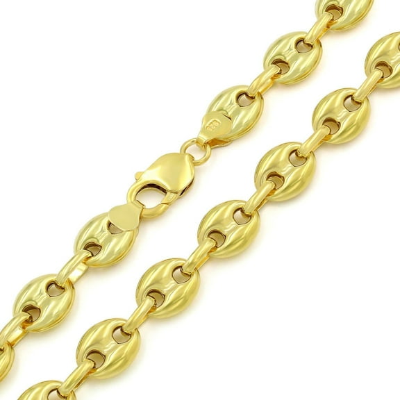 925 Sterling Silver 11mm Puff Mariner Chain, FREE Microfiber Cloth, Yellow Gold Plated Hollow Anchor Link Mens Womens Necklace, Giorgio Bergamo 16