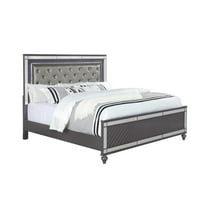 Benjara Reff Queen Size Bed, Button Tufted Gray Fabric Upholstery, Modern Wood
