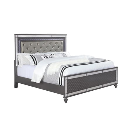 Benjara Reff Queen Size Bed, Button Tufted Gray Fabric Upholstery, Modern Wood