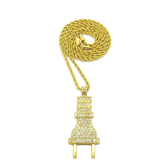 Stone Stud Body Power Plug Pendant with Chain Necklace - 3mm 18" Gold-Tone Rope Chain