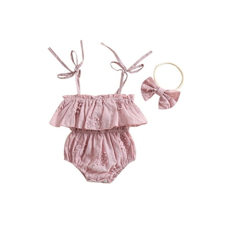 

Calsunbaby Newborn Infants Girls Streetwear 2PCS Set Tie-up Spaghetti Straps Ruffle Layered Elastic Waist Lace Flower Romper with Headband