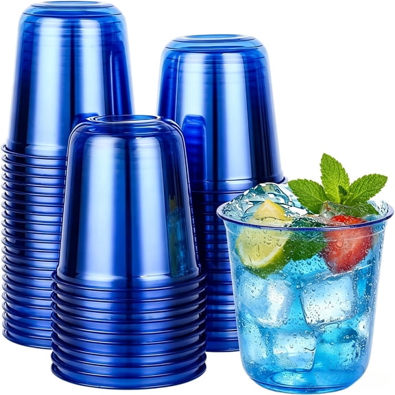 50 Pcs Blue Plastic Cups, 12oz Disposable Stemless Wine Glasses for Cocktail Clear Wine Cups Cocktail Glasses Blue Party Cup for Wedding Birthday Meeting Christmas Party