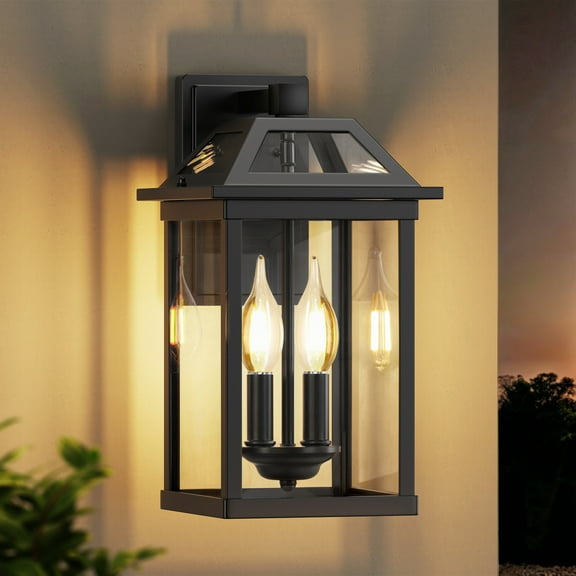 2-Light Outdoor Wall Sconce, Modern Black Exterior Light with Tempered Glass, Waterproof, Bulbs Included