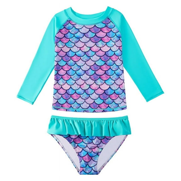 【Uhome】Little Girls Swimsuits Two Pieces Swimwears Rash Guard Set Long Sleeve UPF50  Bathing Suit for Beach 2-10T