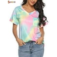 thumbnail image 4 of Spencer Womens Tie-Dye Printed Gradient Pocket Front T-Shirts V Neck Short Sleeve Casual Tunic Blouse Tops (S, Purple Yellow), 4 of 8