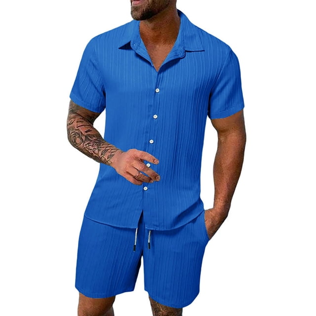 HBFAGFB Two Piece Summer Set Mens Fashion Lapel Button Down Shirt Light Breathable Shorts BU2 Size L