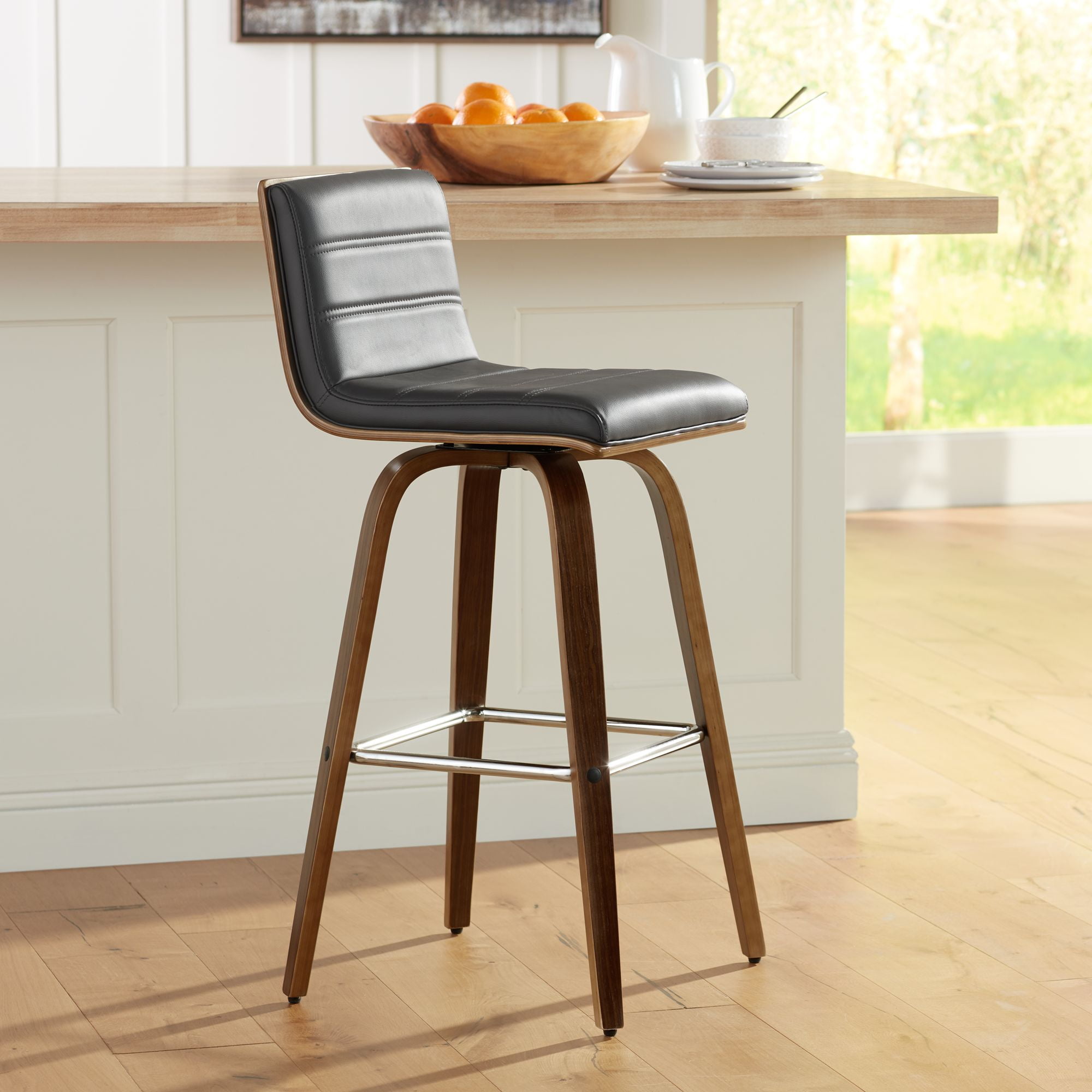 armen living vienna walnut swivel bar stool 29 1/2" high modern gray  upholstered cushion with low backrest footrest for kitchen counter height  island
