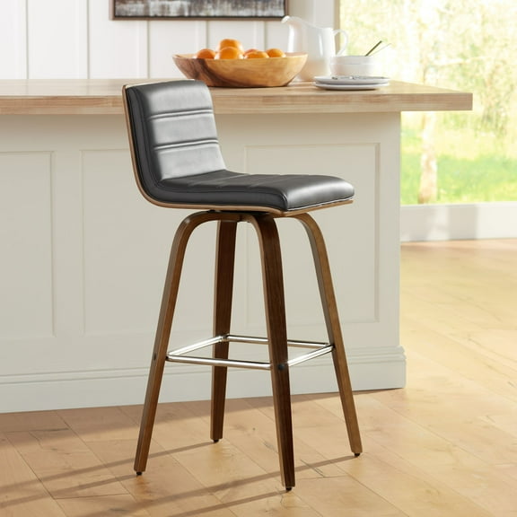 Armen Living Vienna Walnut Swivel Bar Stool 29 1/2" High Modern Gray Upholstered Cushion with Low Backrest Footrest for Kitchen Counter Height Island