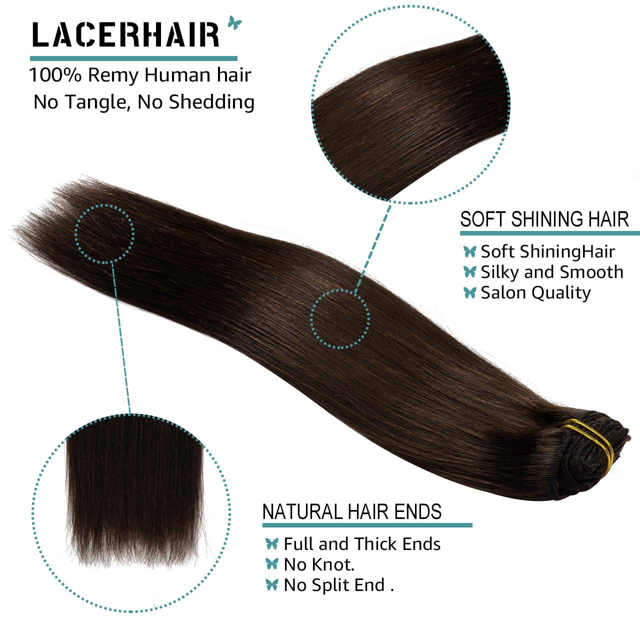 Lacer Hair Extensions Clip in Human Hair, 18 Inch 140g 7pcs Clip in Hair Extensions Real Human Hair, Warm Dark Brown Human Hair Extensions Clip Ins Double Weft
