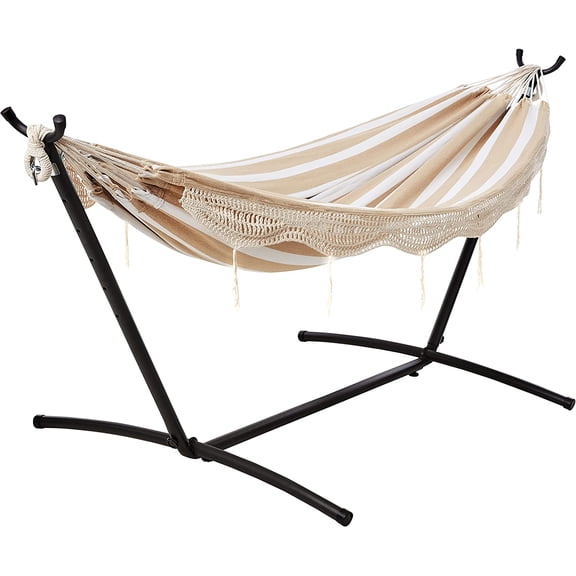 Basics Double Hammock with 9-Foot Space Saving Steel Stand and Carrying Case, 2 Person, 450 lb Capacity, Beige Stripe with Lace, 110" x 47" x 43"